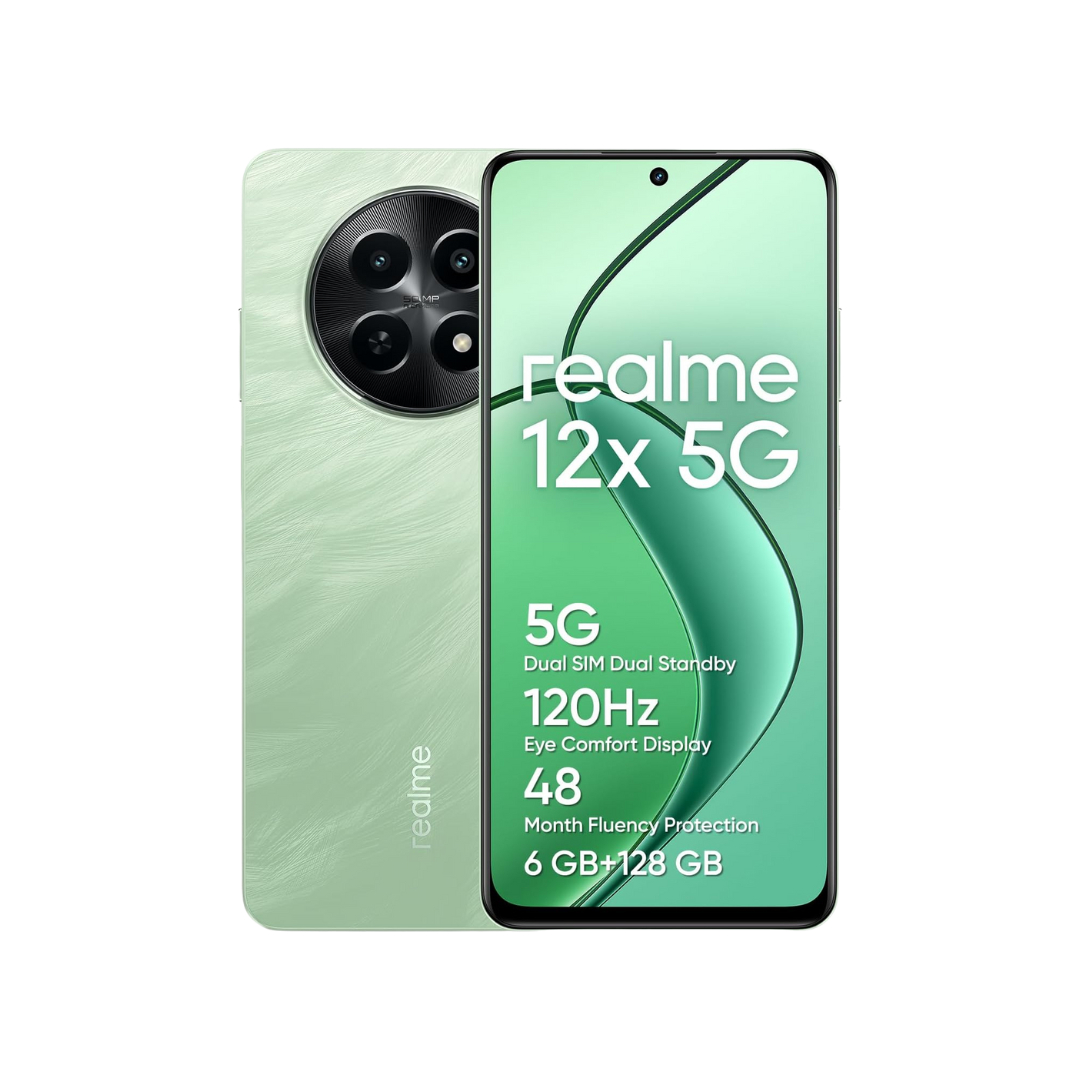 Realme 12x 5G Smartphone mit leistungsstarkem Prozessor, beeindruckender Kamera und elegantem Design.